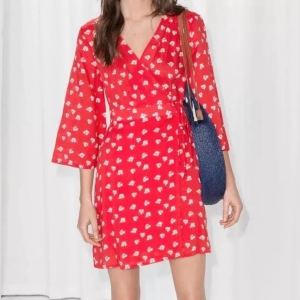 & Other Stories Red & White Cherry Print Wrap Mini Dress Flared Sleeves Size 4